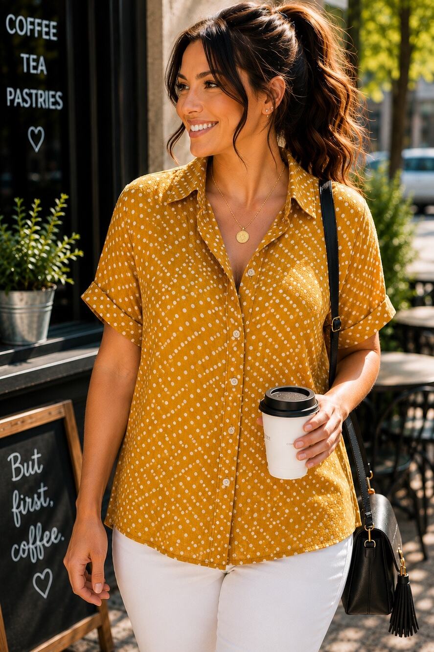 Rachel Zoe 100% Linen Mustard Polka Dot Button Front Blouse